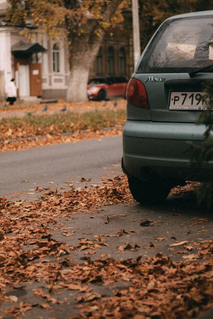 A partial view of a grey hatchback vehicle parked on the side of a residential street during autumn. The rear section of the car is visible, including the tail light, rear window, and license plate, w